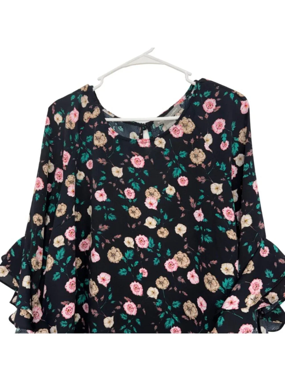 Kate & Mallory Women Black Floral 3/4 Ruffle Sleeve Blouse SZ XL 100% Polyester